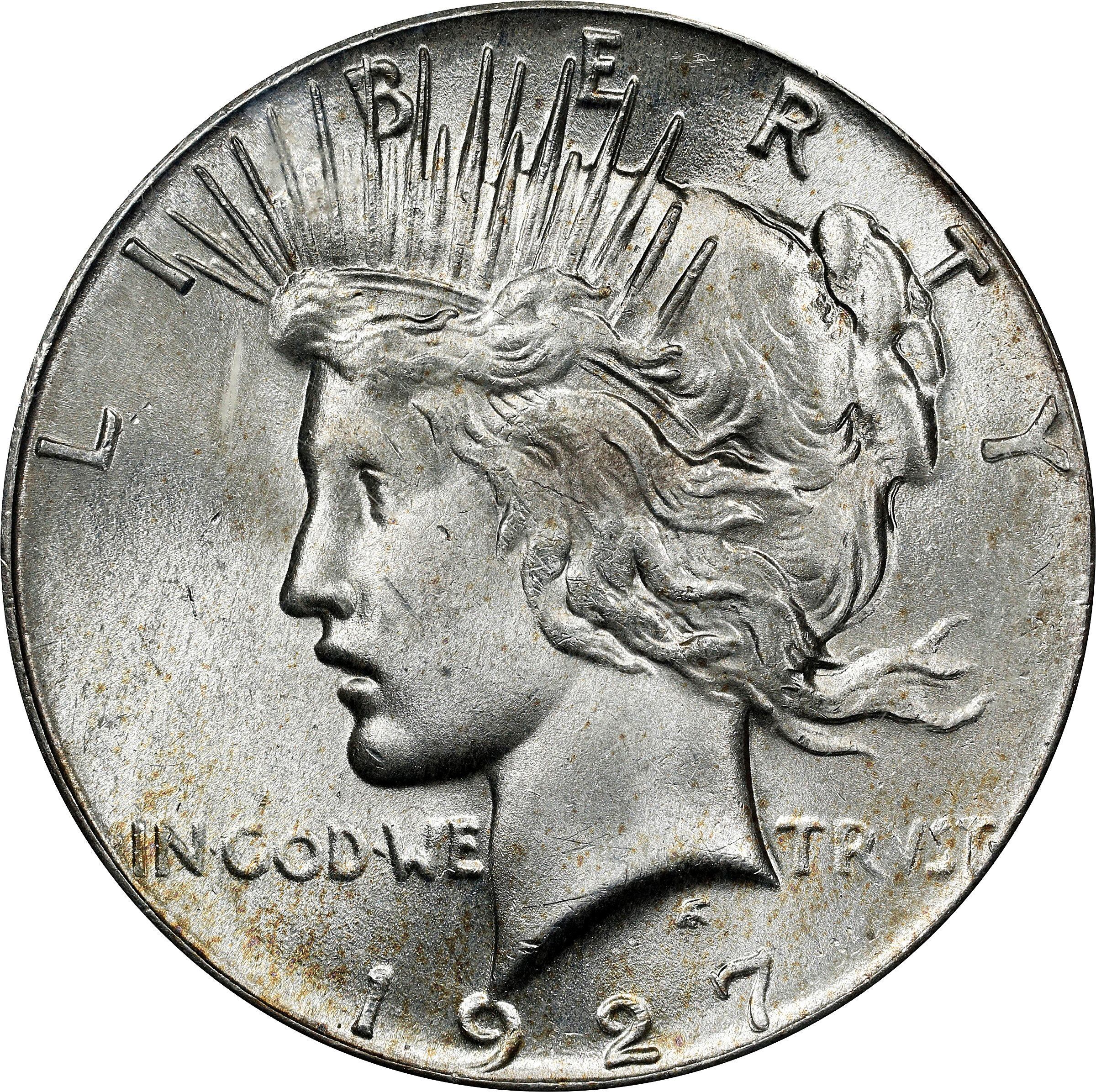1927 Peace Dollar VAM 2 Doubled Motto close-up showing secondary impression on IN GOD WE TRUST motto