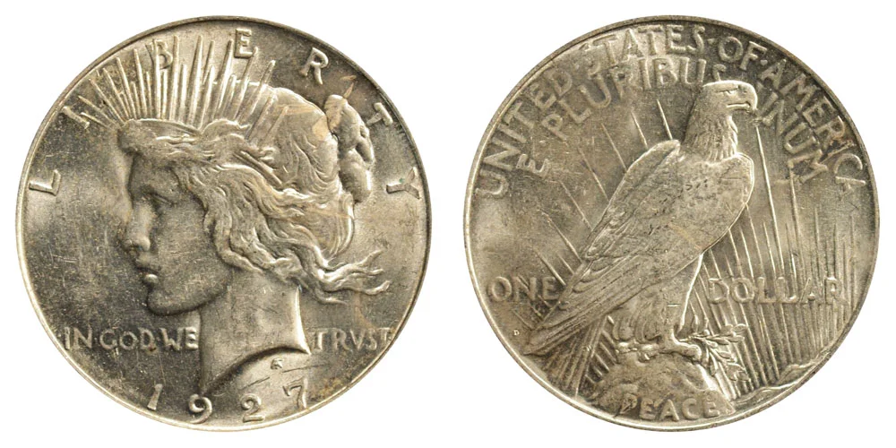 1927-D Peace Dollar Micro D error showing dramatically smaller than normal D mint mark compared to standard 1927-D mint mark