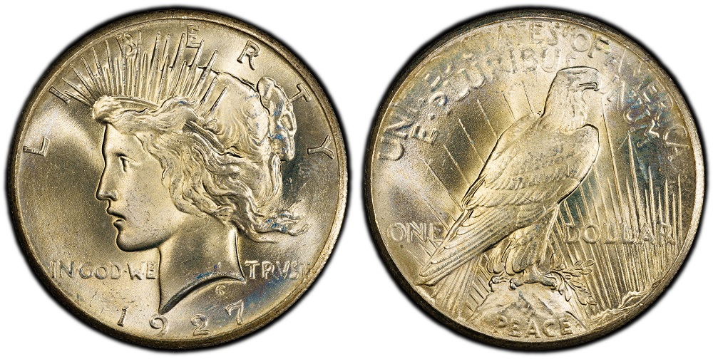 Grading strip showing 1927 Peace Dollar in four conditions from worn Good to Gem Mint State arranged left to right